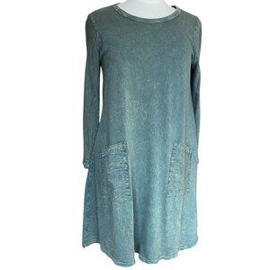 Jess & Jane Mineral Washed Mini Dress Green Cotton USA Pockets Garden Grunge-S